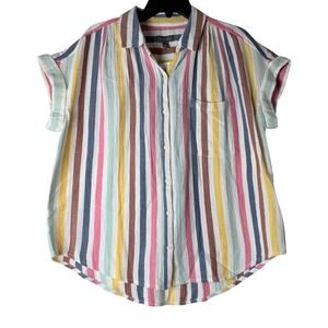Style & Co Camp Shirt Women Large Multicolor Striped Cotton Short Sleeve NWT